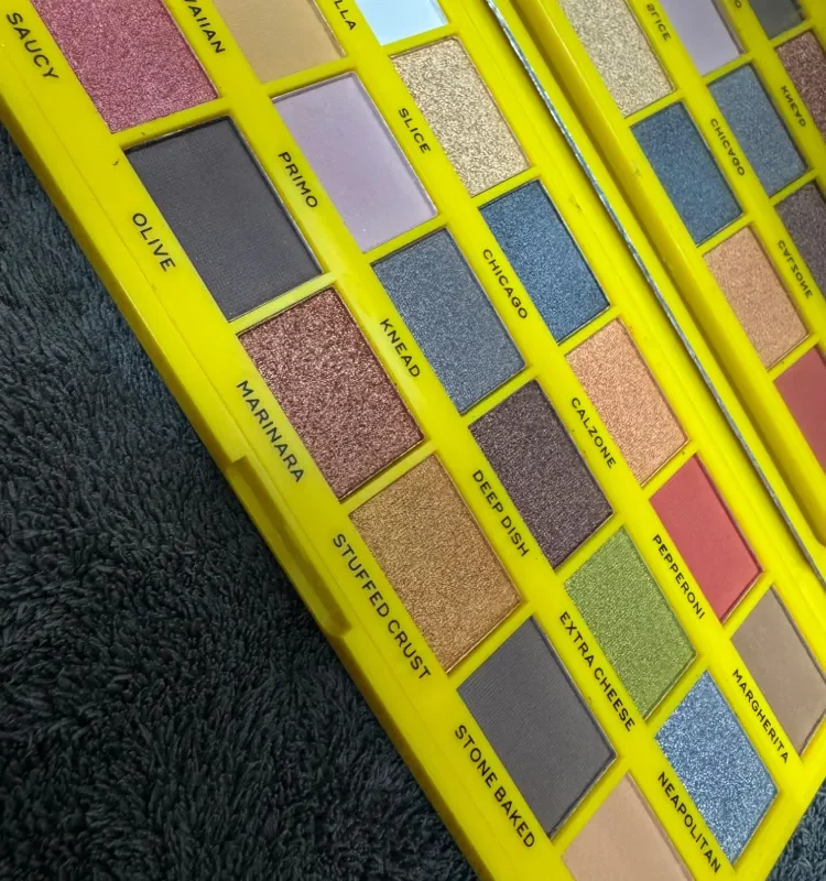 Pizza eyeshadow palette open showing 18 shades